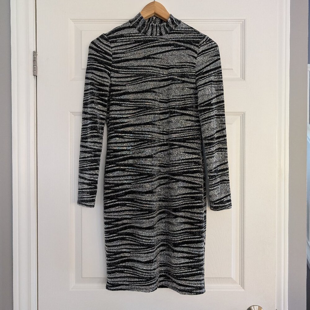 Rachel Zoe zebra print open back dress mock neck size small
